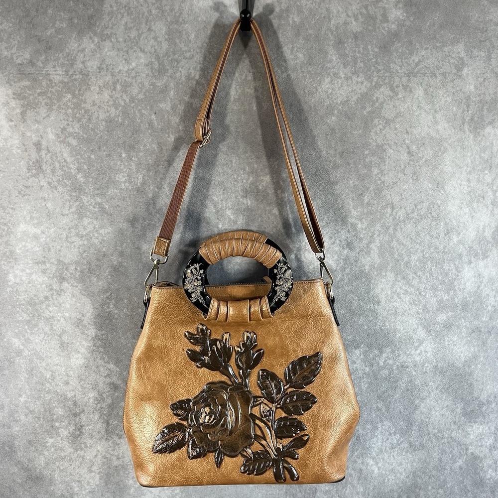Unbranded Rose Embossed Handbag Women Medium Tan Floral Crossbody Satchel